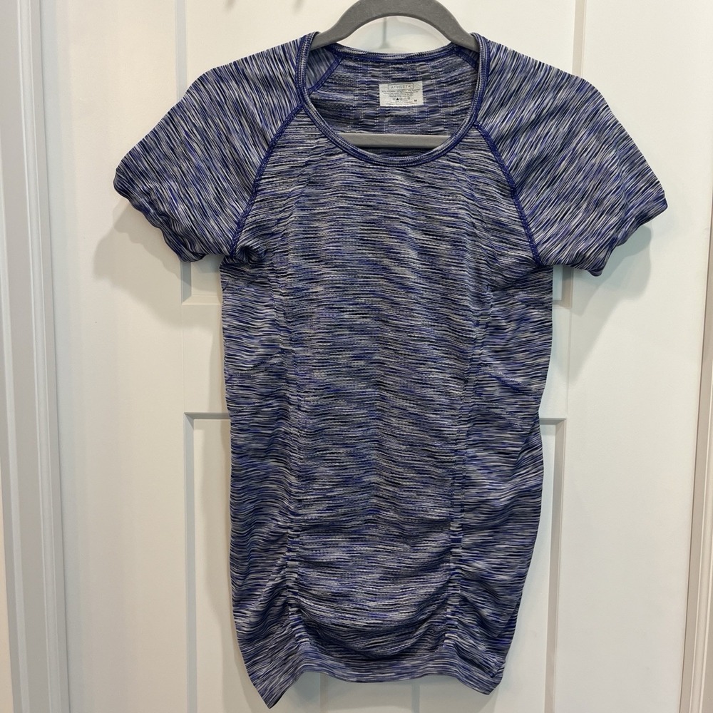 Athleta Women's Fastest Track T-Shirt Ruched Short Sleeves Blue Heather Sz M